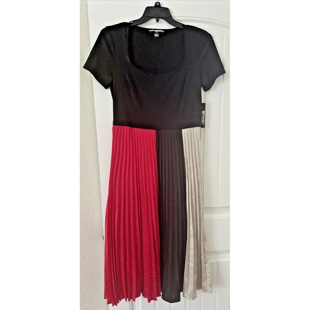 KARL LAGERFELD PARIS Women's Color blocked Pleated Midi Dress Black Multi 8 - Picture 2 of 7